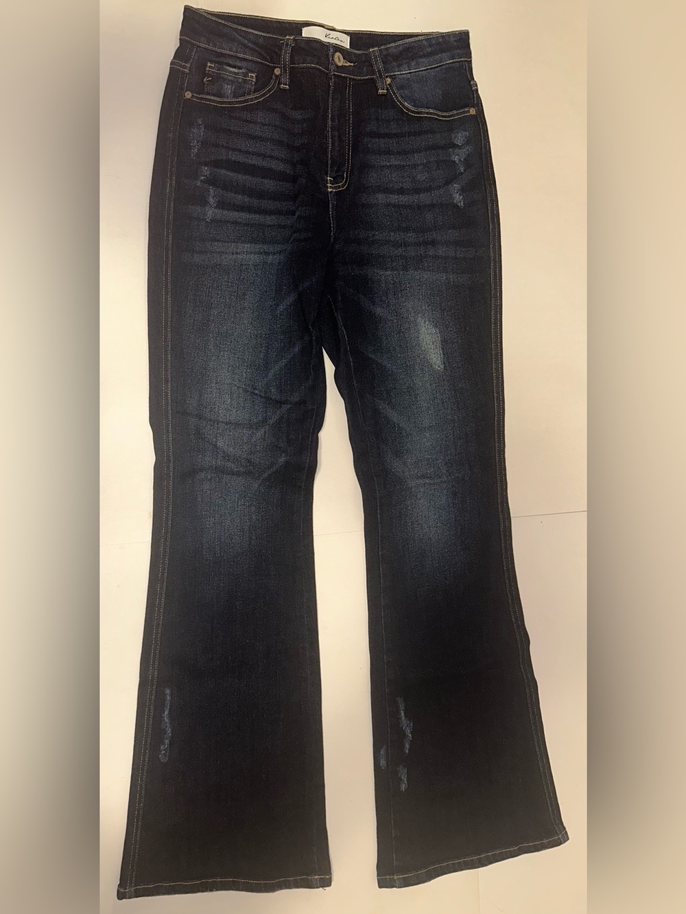 Kancan Luke High Rise Flare Jeans Dark Wash Denim Women’s Size 7/27 Distressed